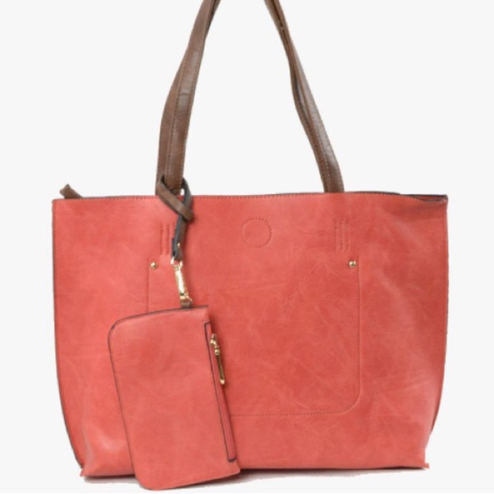 Peach / Brown Tote Bag With Matching Wristlet